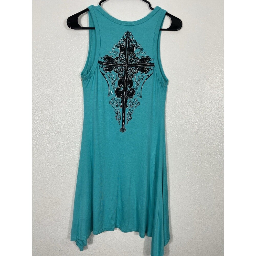 Y2K Vocal Turquoise Sleeveless Rhinestone Cross Tunic Top Rayon Spandex Size S - Picture 4 of 15